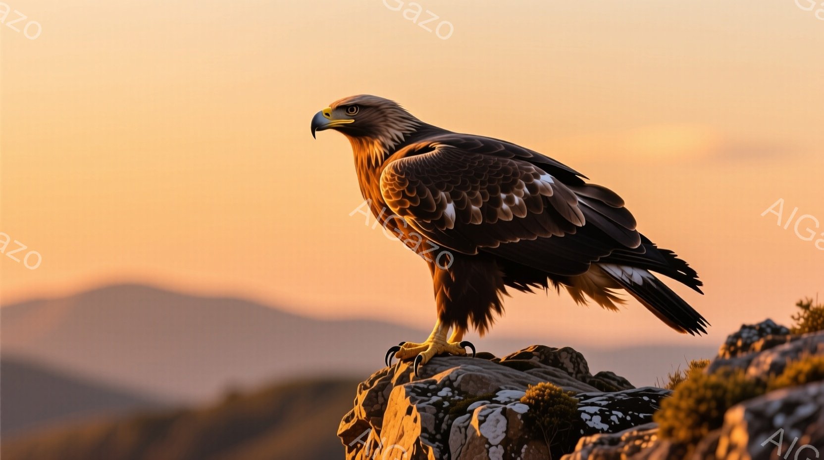 岩の上に立つ巨大な猛禽類が描かれています。その姿は威厳があり、鋭い眼差しは遠くを見据えています。背景には山々が霞んで見え、夕焼けのようなオレンジ色の空が、静かで荘厳な雰囲気を醸し出しています。