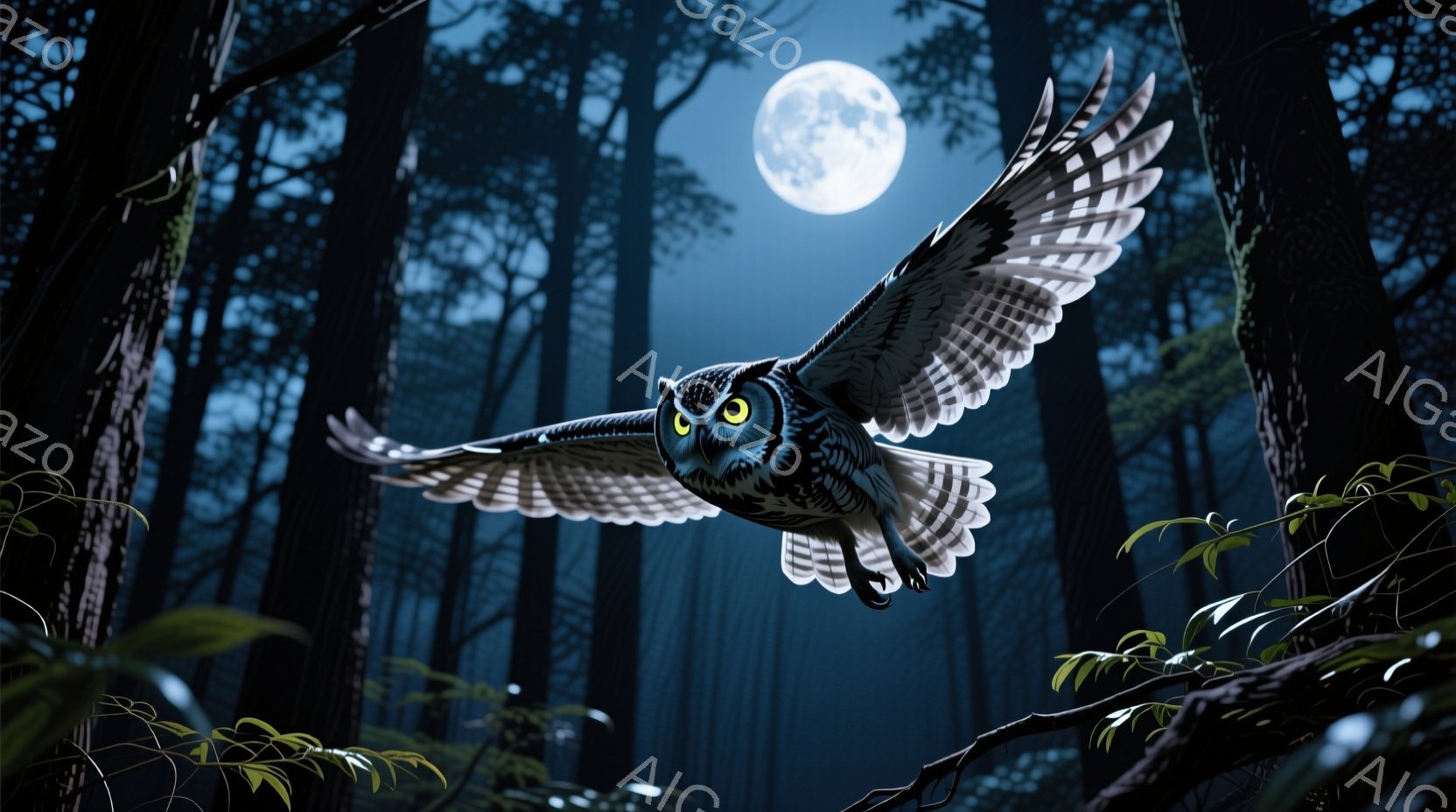 夜の森を飛ぶフクロウが描かれています。フクロウは翼を大きく広げ、鋭い眼光で何かを見つめています。背景には暗い森と、明るい満月が輝き、神秘的な雰囲気を醸し出しています。