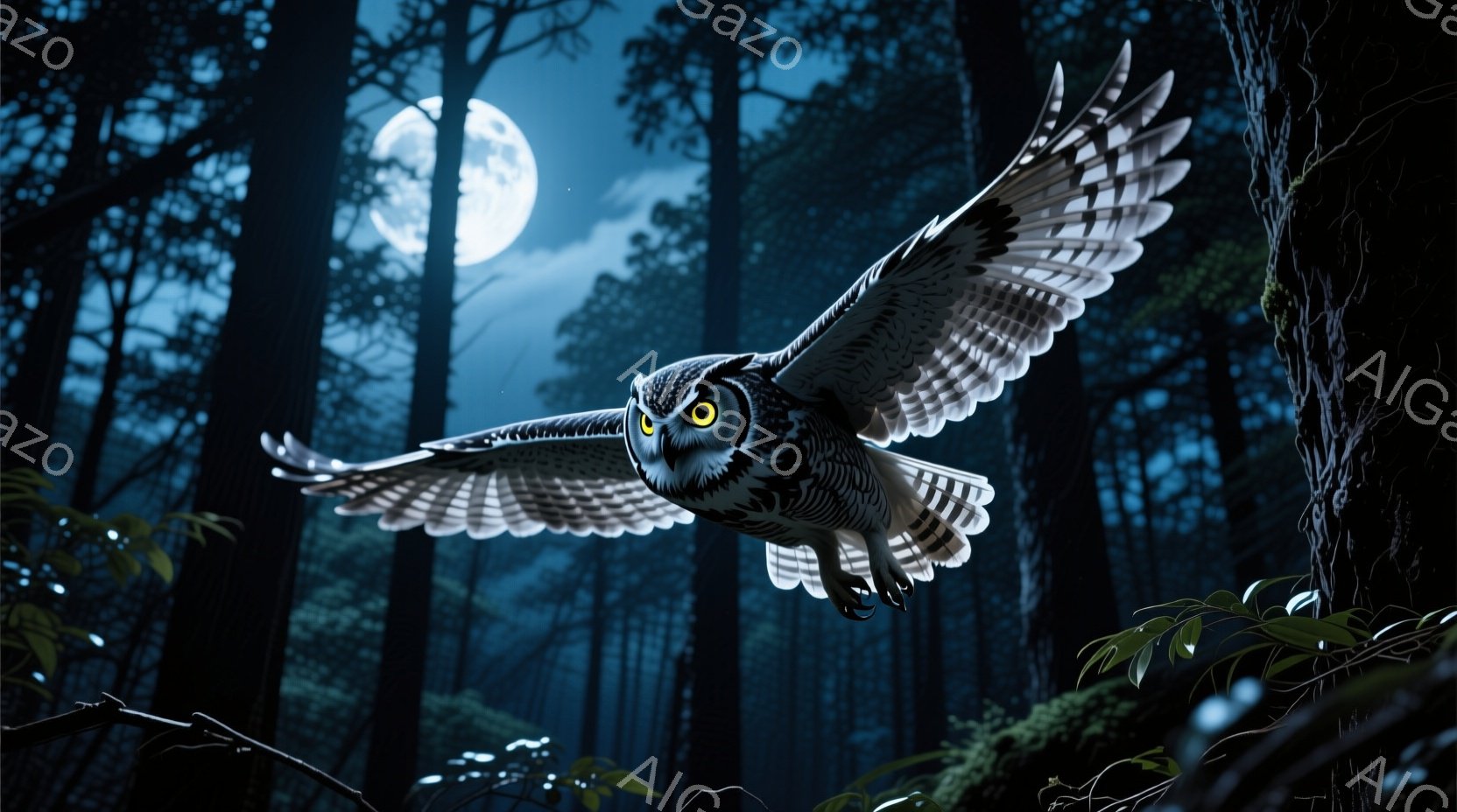 暗い森の中で、大きなフクロウが翼を広げて飛んでいる。月明かりが木々の間から差し込み、フクロウの羽毛を照らし、その鋭い眼差しが際立っている。背景には、鬱蒼とした木々と、ぼんやりとした月の光が広がっており、神秘的で静寂な雰囲気を醸し出している。