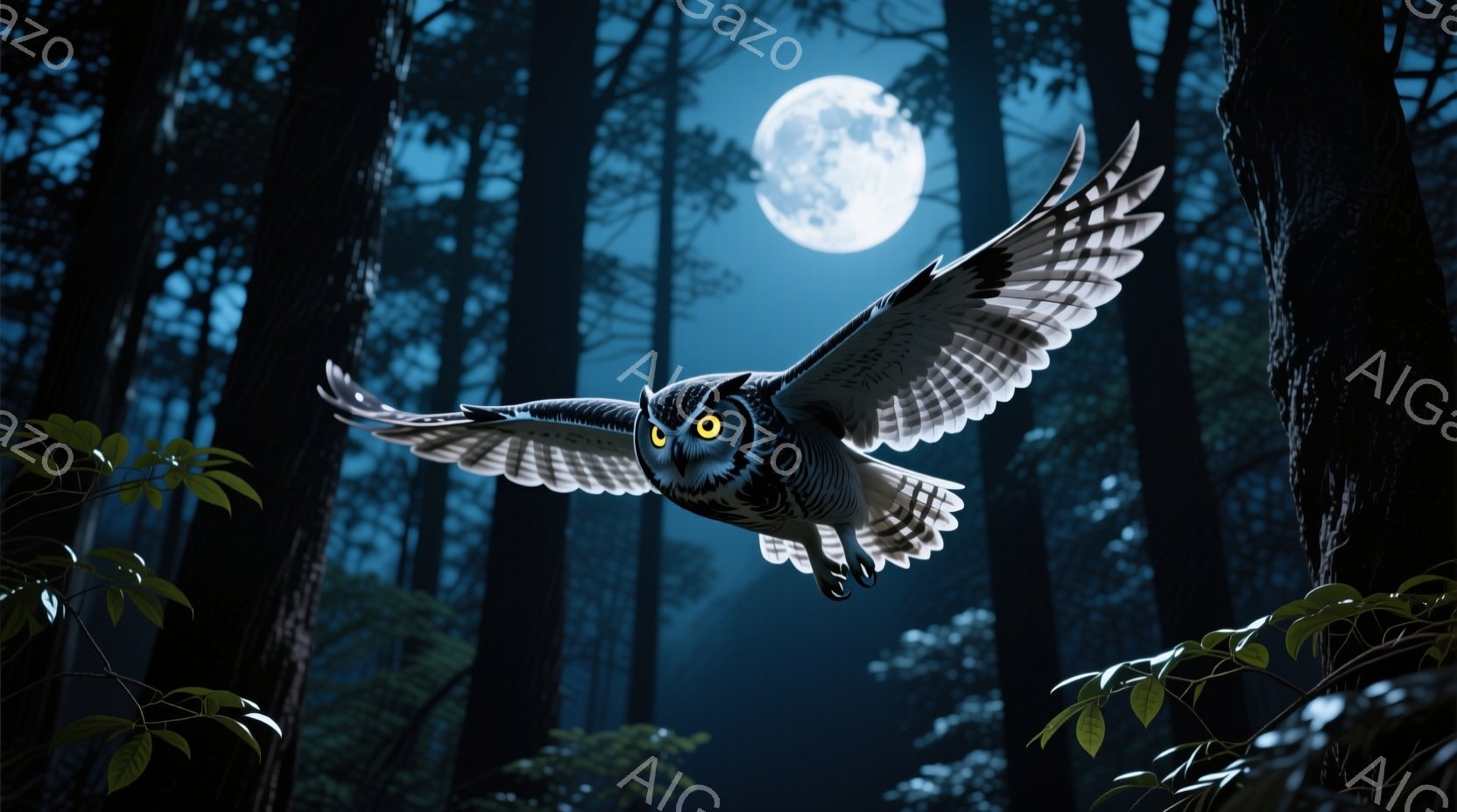 深い森の中で、翼を広げたフクロウが夜空を飛んでいる。満月が木々の間から輝き、森全体を青白い光で照らしている。フクロウの鋭い眼差しと、夜の静寂が、神秘的で少し不気味な雰囲気を醸し出している。 - AI生成フリー素材