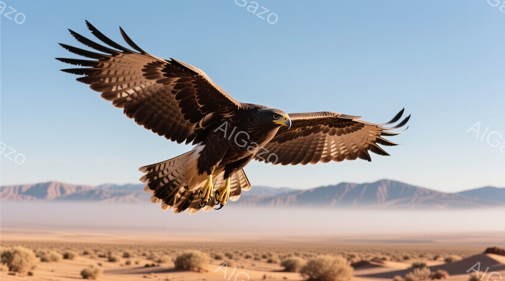 広大な砂漠の上空を、翼を大きく広げた猛禽類が飛翔している。背景には霞んだ山脈が連なり、地平線には緑色の低い植生が点在している。空は澄み切っており、鳥の力強い姿勢と背景の荒涼とした風景が、野生の力強さと自由な雰囲気を醸し出している。