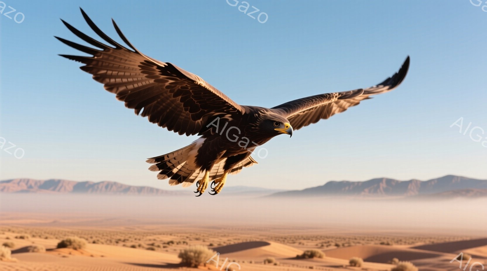 砂漠の上空を、翼を大きく広げたハヤブサが力強く飛んでいる。背景にはうねるような砂丘と霞んだ山々が広がり、朝日の光が砂漠を照らしている。 全体的に、自由で力強い自然の息吹を感じさせる、壮大で美しい光景である。