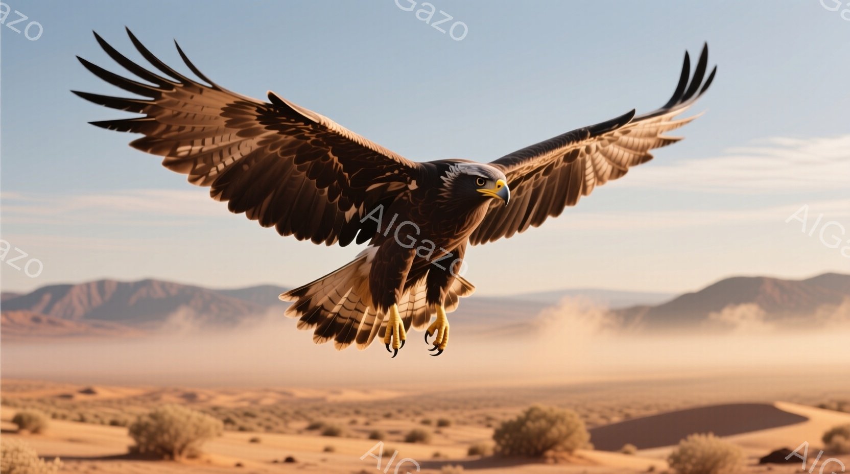 広大な砂漠の上空を、翼を大きく広げた猛禽類が力強く飛んでいる。背景には、かすかに砂丘や山々が見え、埃っぽい空気が漂っている。 全体として、力強さ、自由、そして過酷な自然環境を連想させる雰囲気である。