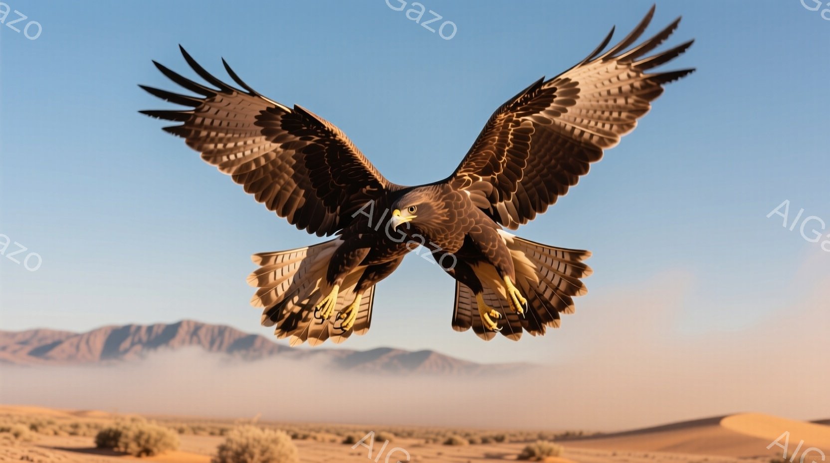 広大な砂漠を背景に、翼を大きく広げたワシが写っている。ワシは力強く空を舞い、鋭い眼光で獲物を探しているようだ。背景には霞んだ山々が連なり、夕焼けのような温かい光が砂漠全体を包み込んでいる。