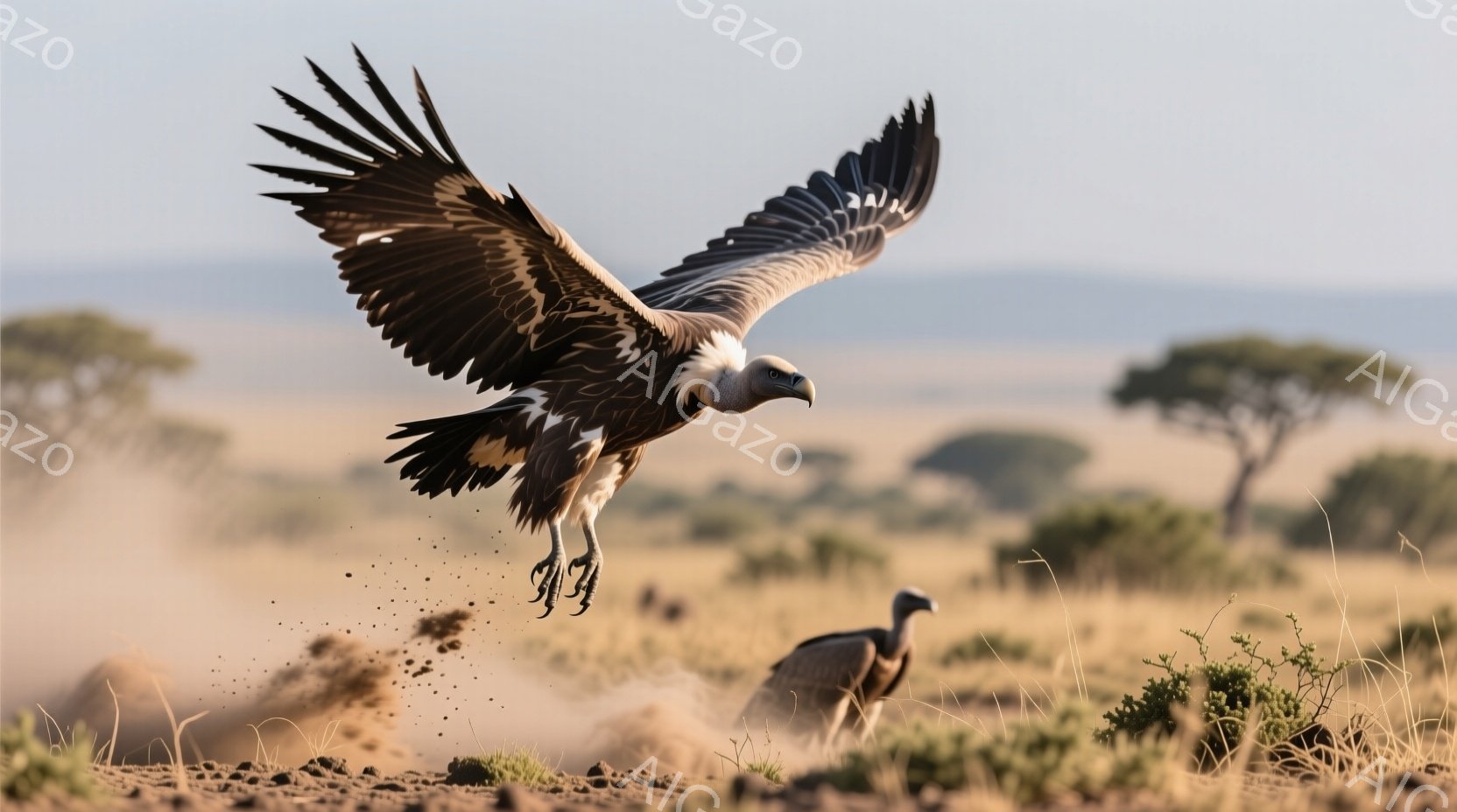 広大なサバンナで、ハゲワシが翼を大きく広げて飛び立っています。地面には土埃が舞い上がり、別のハゲワシが地面に佇んでいます。背景には、まばらに生えた木々が見え、全体的に乾燥した暖かく日差しの強い雰囲気です。