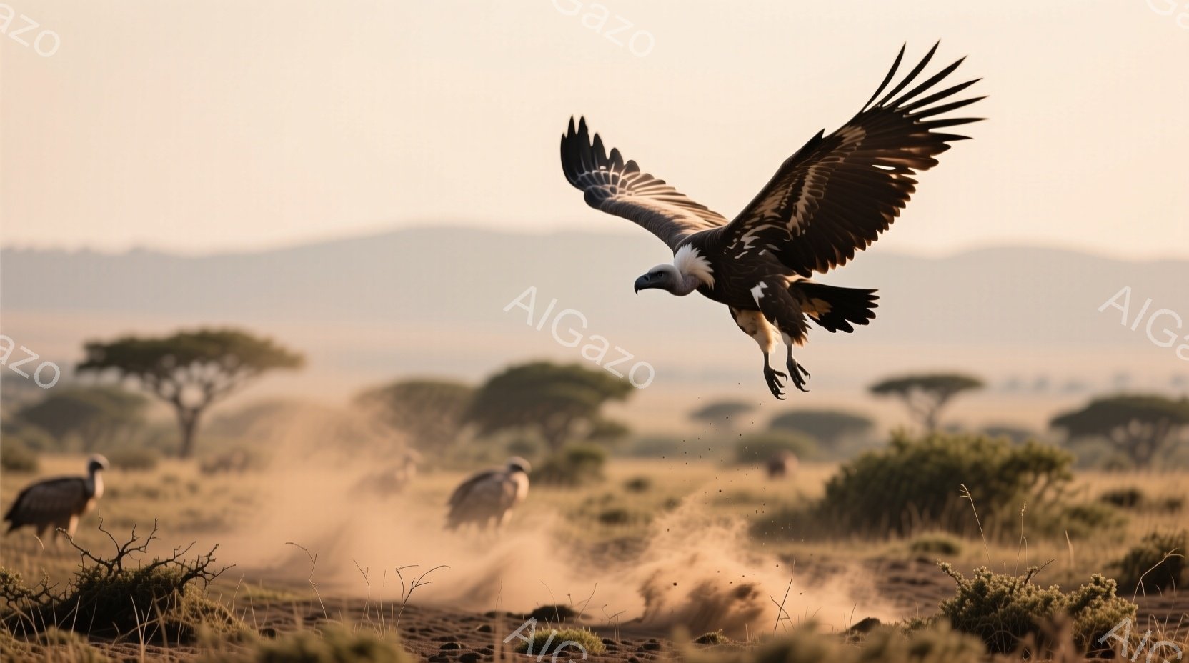 広大なサバンナを背景に、ハゲワシが翼を広げて飛んでいる姿が捉えられています。地面には埃が舞い上がり、他のハゲワシも数羽見られます。背景にはまばらに木々が点在し、夕焼けのような暖かな光が全体を包み、荒涼とした大自然の雰囲気を醸し出しています。