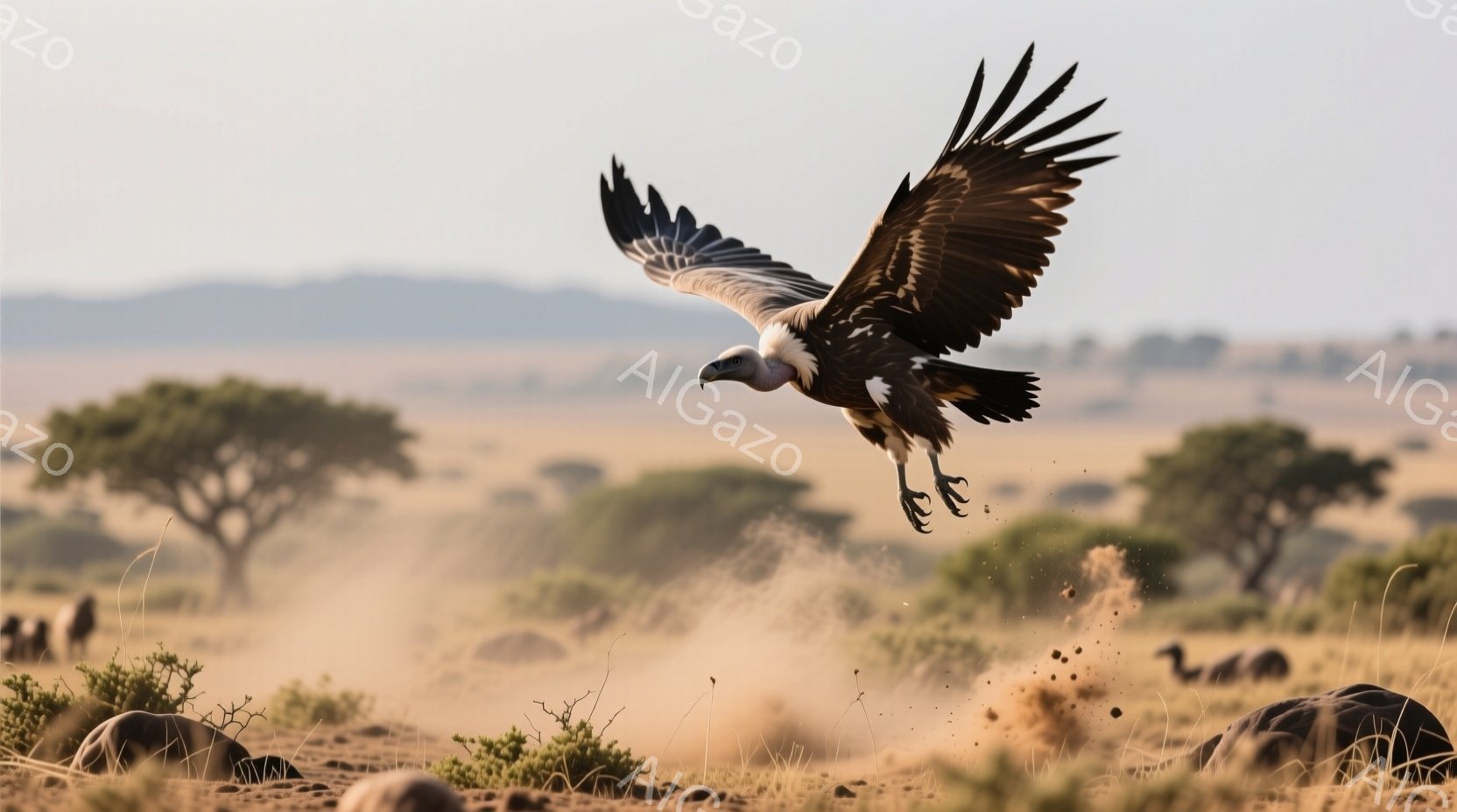 広大なサバンナで、翼を大きく広げたハゲワシが舞い上がっている様子が捉えられています。地面には土埃が舞い上がり、その下には動物の骨らしきものがいくつか点在しています。背景にはまばらな木々と遠くに見える山々が広がり、乾燥した熱帯の雰囲気を醸し出しています。