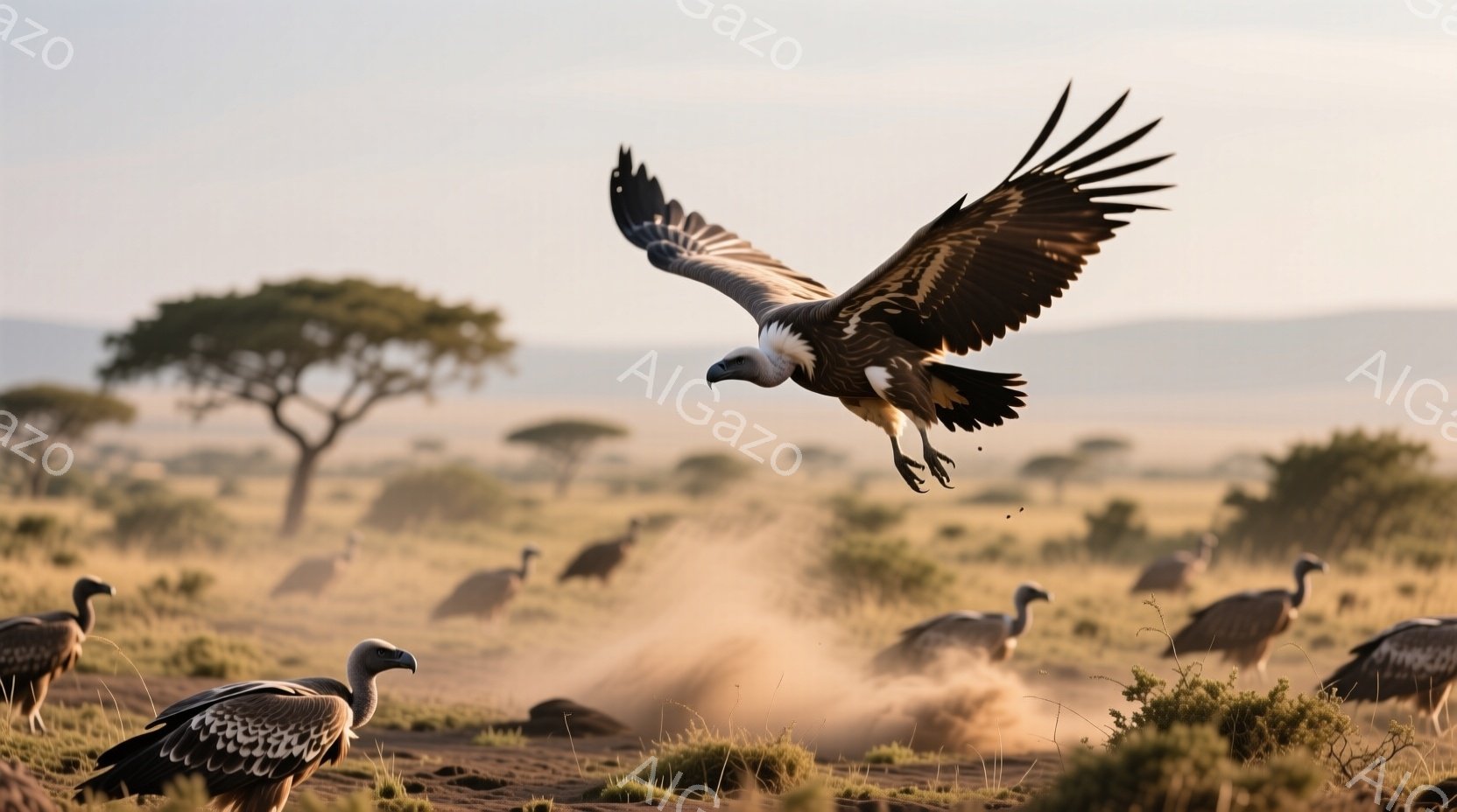広大なサバンナで、一羽のハゲワシが飛び立つ瞬間を捉えた写真です。地面には複数のハゲワシがおり、砂塵が舞い上がっています。背景には、まばらに生えた木々や、遠くに見える丘が見え、乾燥した黄色の大地が広がっ - AI生成フリー素材