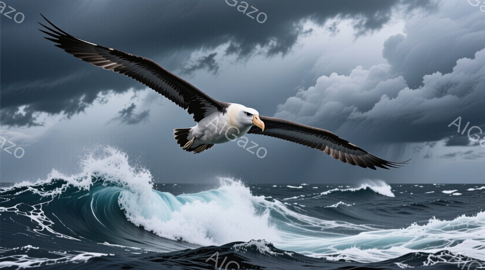 強烈な嵐の海を、翼を広げたアメリカワシが力強く飛んでいる。荒れ狂う波は白く泡立ち、暗い雲が空を覆っている。全体的に、ワシの強さと自然の激しさを表す、勇壮でドラマチックな雰囲気である。