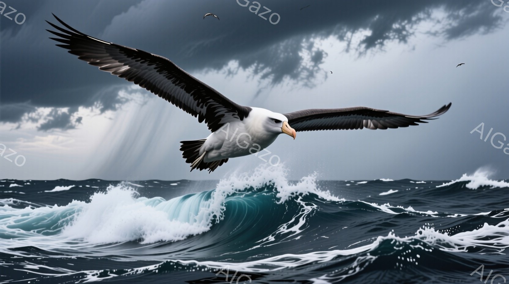 広大な海の上に、翼を広げた白と黒の鳥が力強く舞っている。荒れ狂う波が押し寄せ、暗い雲から差し込む光線が鳥を照らし出している。全体的に、自然の力強さと自由な鳥の姿が印象的な、ドラマチックな雰囲気の画像で - AI生成フリー素材