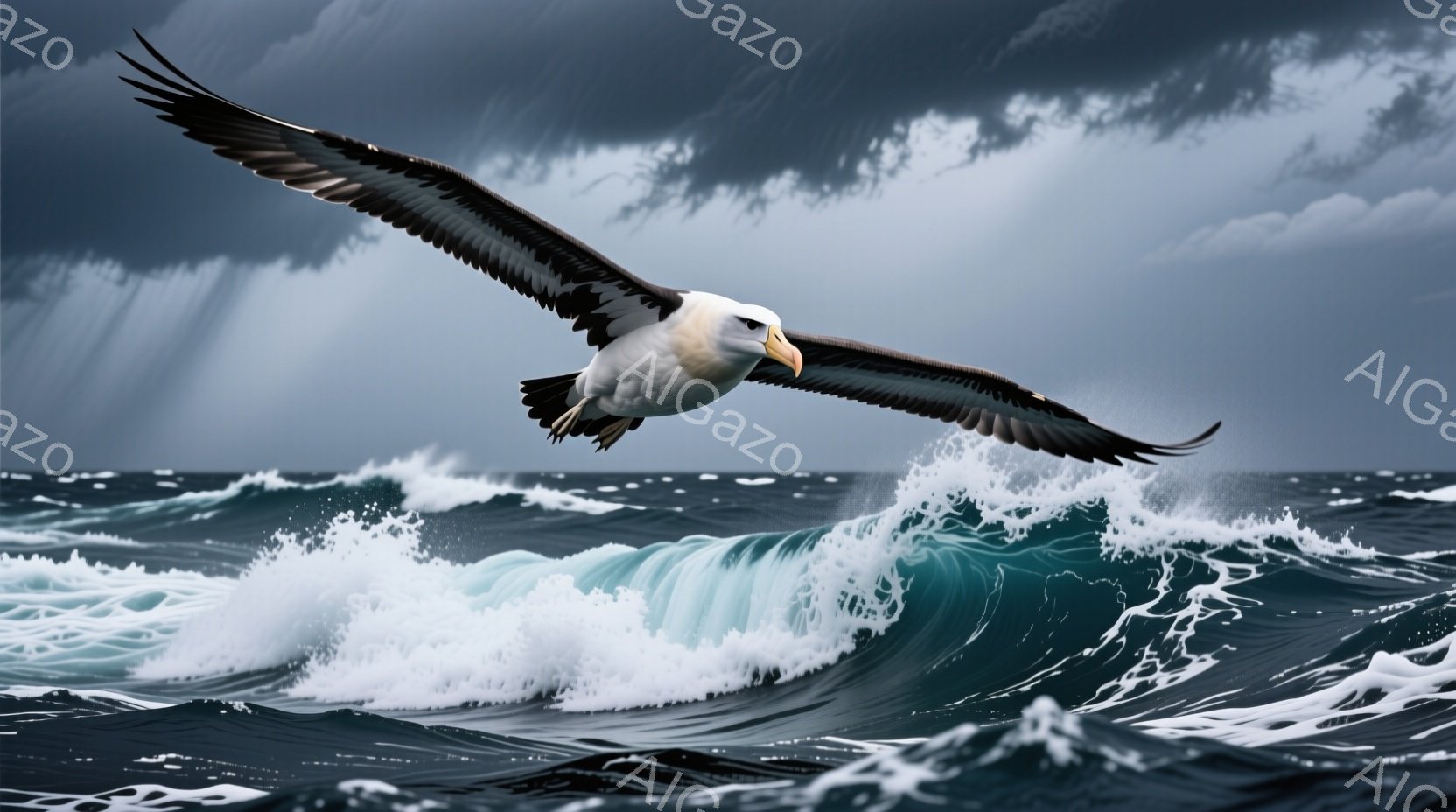 荒れ狂う海の上を、翼を大きく広げた白と黒の鳥が力強く飛んでいる。波は高くうねり、白い泡が砕け散り、空は暗雲に覆われ、激しい嵐の到来を予感させる。全体的に、自然の力強さと、鳥の自由な飛行が印象的な、ドラマチックな光景だ。