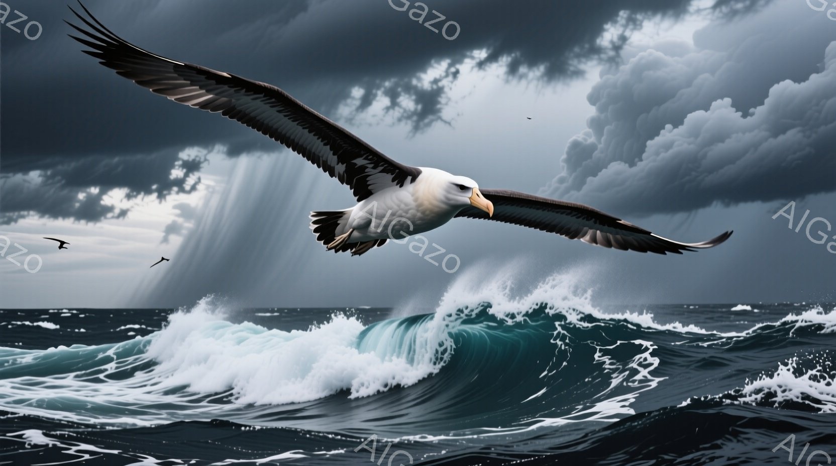 荒れ狂う海の上を、翼を広げた白頭鷲が力強く飛翔している。巨大な波が渦を巻き、暗雲が空を覆い、激しい嵐の到来を暗示している。全体的に、力強さと自然の脅威が感じられる、ダイナミックな情景である。