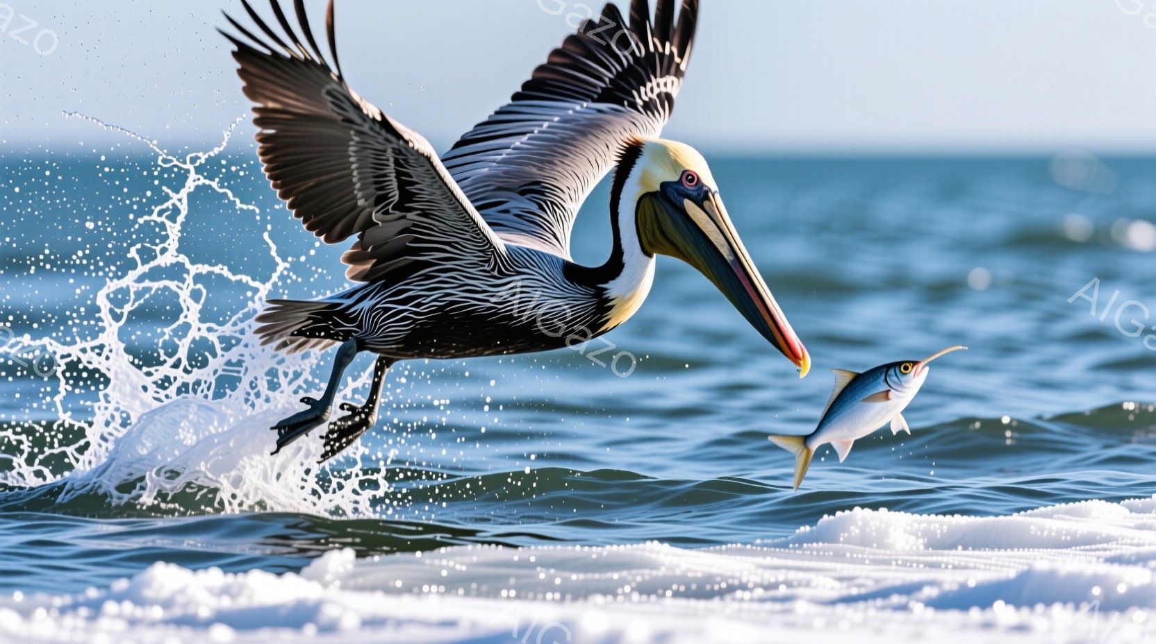 広大な海面を背景に、一羽のペリカンが獲物をくわえた状態で水面を飛び立つ瞬間が捉えられています。ペリカンの翼は大きく広がり、水しぶきを巻き上げながら力強く前進しています。青い空とエメラルドグリーンの海が広がり、躍動感あふれる自然の光景が印象的です。