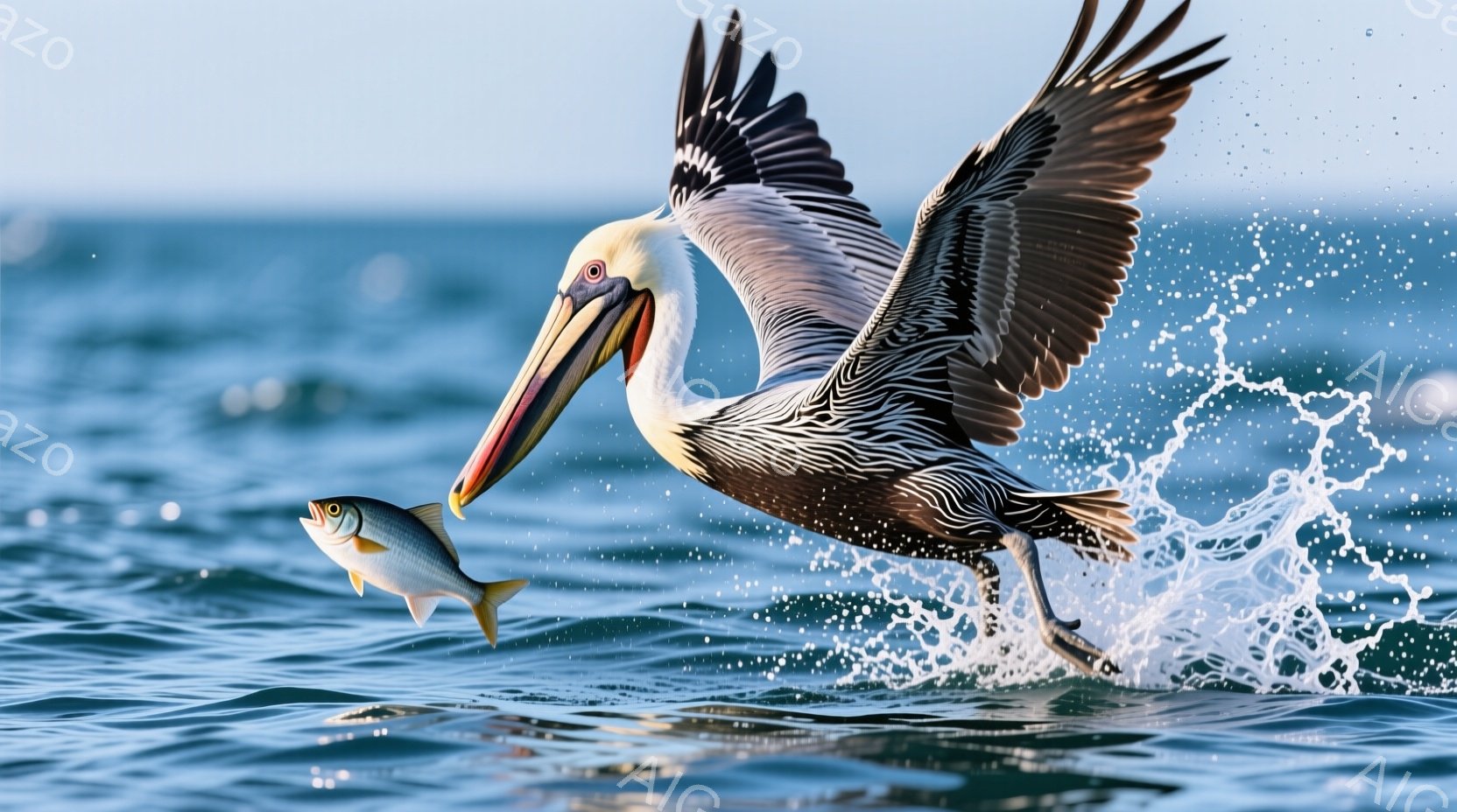 ペリカンが獲物を捕らえ、水面から飛び立つ瞬間を捉えた写真です。水しぶきが飛び散り、その勢いと躍動感が伝わってきます。背景には穏やかな海が広がり、晴天の下、生き生きとした自然の姿が印象的です。 - AI生成フリー素材
