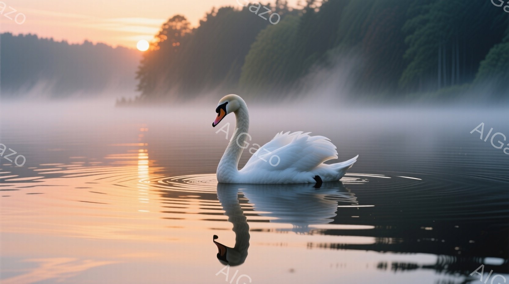 白鳥が静かな湖面を優雅に泳いでいる。朝日の光が湖面に反射し、水面は金色に輝き、周囲には霧が立ち込めている。白鳥の姿は水面に美しく映り込み、穏やかで幻想的な雰囲気を醸し出している。