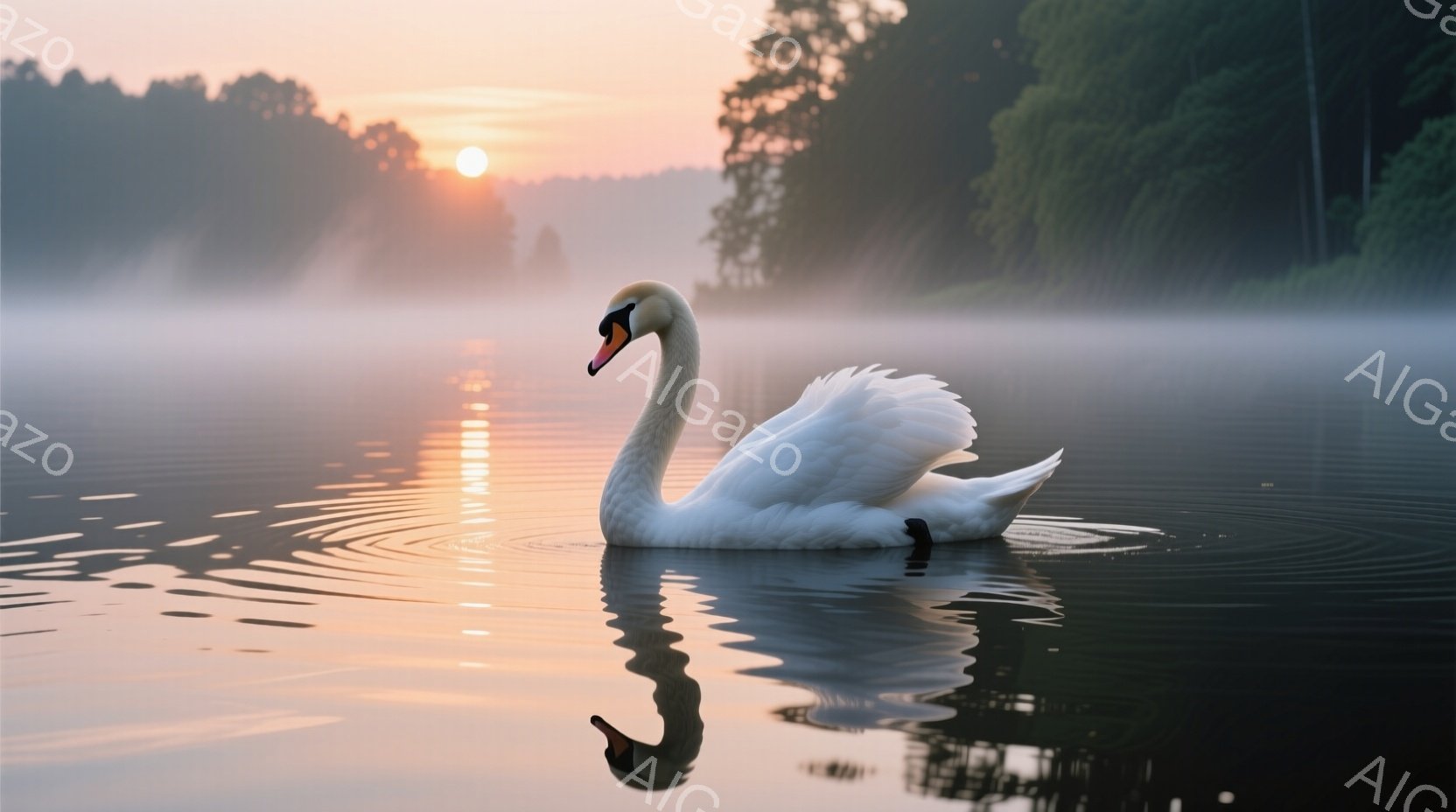 白い白鳥が穏やかな水面を優雅に泳いでいる。朝焼けの光が水面をオレンジ色に染め、白鳥の姿を美しく照らし出している。背景には朝霧が立ち込め、幻想的で平和な雰囲気を醸し出している。