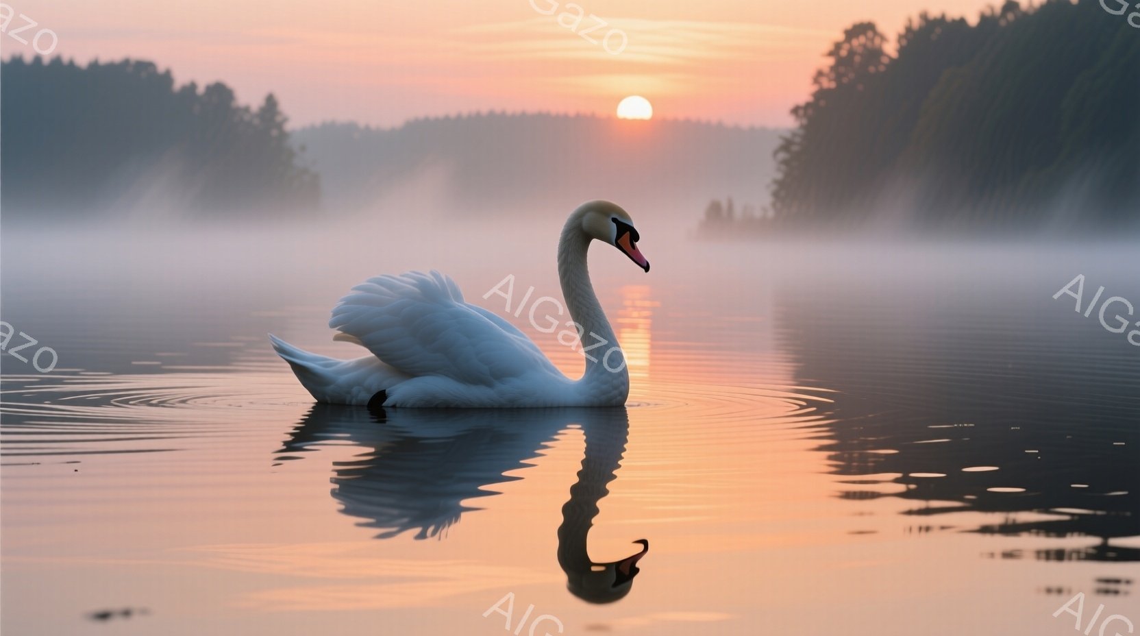 白鳥が穏やかな水面に静かに浮かんでいる。夕焼けのオレンジとピンク色が水面を照らし、白鳥の姿を金色に染め上げている。背景には霞んだ緑の木々と、朝日のように輝く太陽がぼんやりと見え、全体的に穏やかで幻想的な雰囲気を醸し出している。