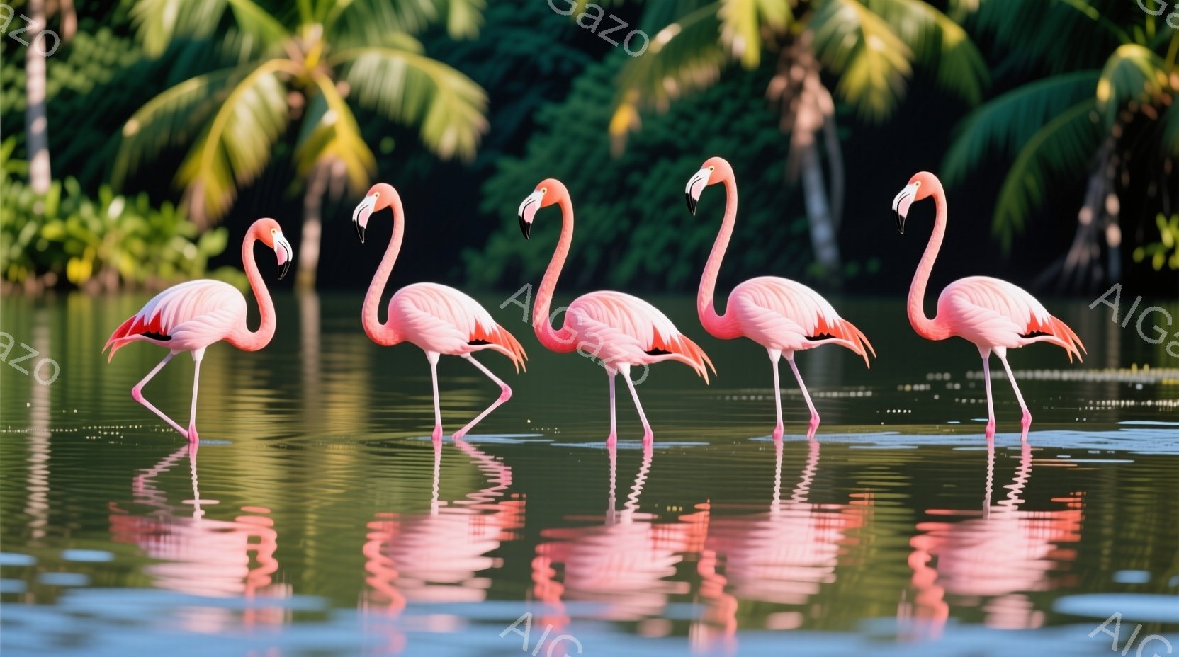 鮮やかなピンク色のフラミンゴが5羽、水面に並んで立っている様子が捉えられています。水面にはフラミンゴの姿が映り込み、左右対称の美しい光景を作り出しています。背景には緑豊かな植物が見え、穏やかな水面と合 - AI生成フリー素材