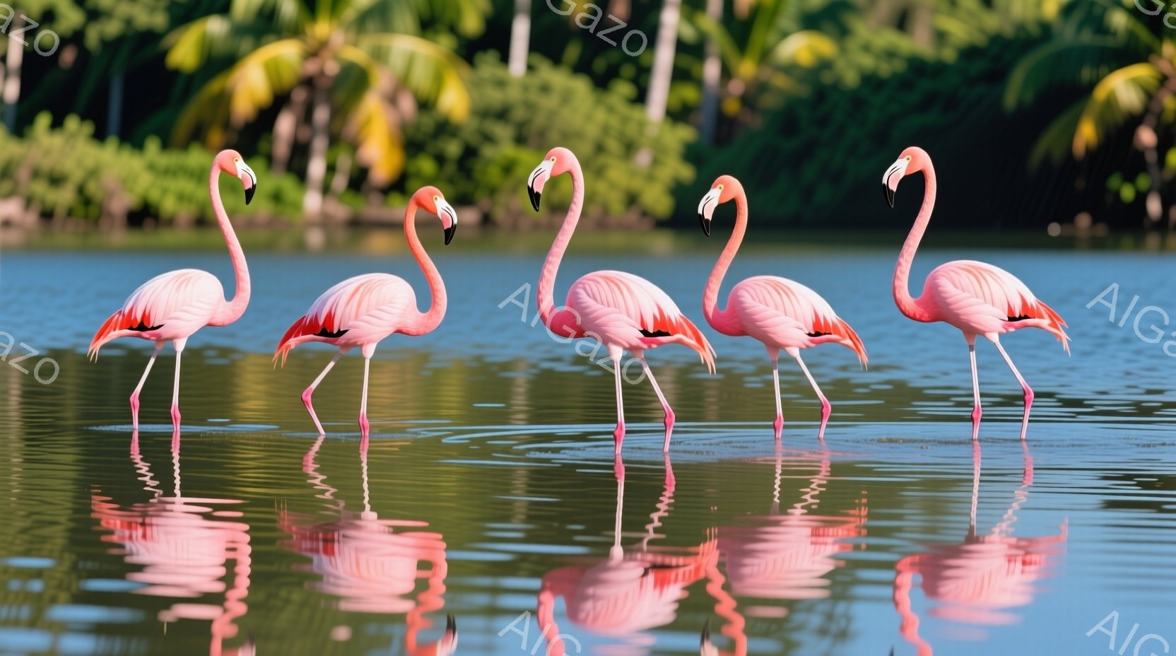 美しい湖に浮かぶ5つのフラミンゴを描いたものです。彼らは全体がピンクで、芸術的なポーズを取っており、仲間同士とは一緒になっていません。背景は、青に染めた水面と周囲の青い樹木があります。画像全体としては平静で美しいシーンを表現しており、フラミンゴの自然な動作や湖の鹿沼の清らしさが印象的に描かれています。