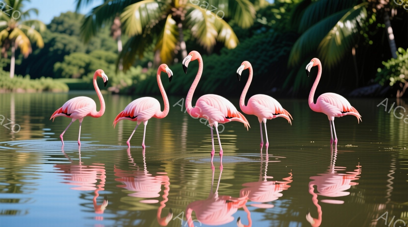 明るい水面にピンク色のフラミンゴが5羽並んで立っている。フラミンゴたちは細長い脚で静かに水の中に立ち、首を少し曲げ、穏やかな表情をしている。背景には緑豊かな植物が生い茂り、水面にはフラミンゴの鮮やかな - AI生成フリー素材