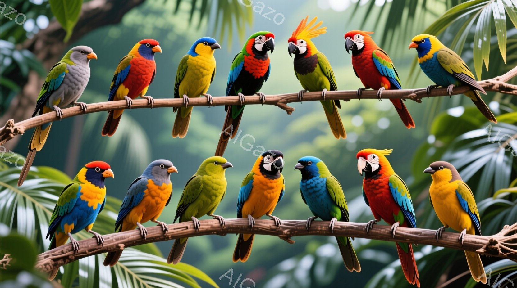色とりどりのオウムたちが、太い木の枝に並んで座っています。鮮やかな赤、緑、青、黄色といった色彩が目を引き、それぞれが少しずつ異なる毛並みと模様を持っています。背景には緑豊かな葉が生い茂り、熱帯の自然の中にいるような雰囲気を感じさせます。