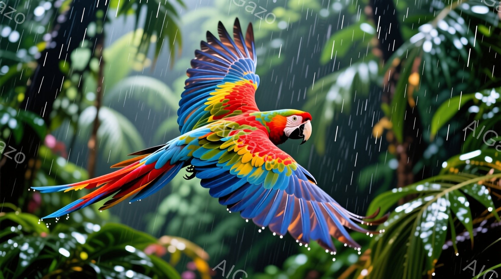 色鮮やかなコンゴウインコが、緑豊かな熱帯雨林の中で翼を広げて飛んでいる様子が描かれています。背景には、濃い緑色の葉が生い茂る植物が密生しており、雨粒が降り注いでいます。鮮やかな色彩と、雨に濡れた植物と - AI生成フリー素材
