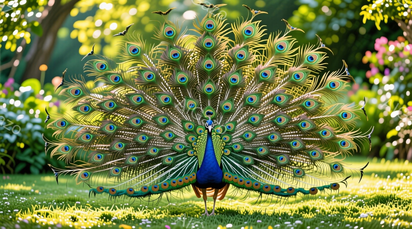 広々とした緑の草原に、羽を広げた美しい孔雀が立っている。鮮やかな青、緑、金色の羽は、まるで絵画のように優雅で、日光に照らされて輝いている。背景には、ぼやけた花々や緑豊かな木々が見え、平和で穏やかな雰囲 - AI生成フリー素材