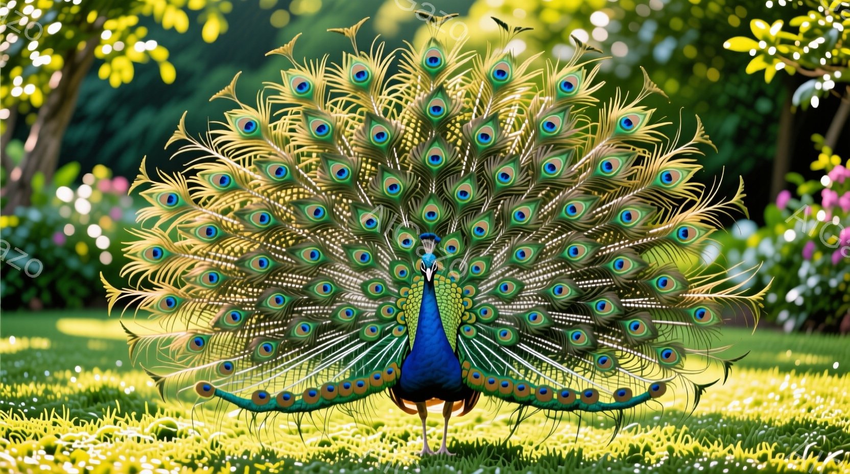 広々とした緑の芝生の上で、美しい孔雀が羽を広げて立っている。その羽は鮮やかな青、緑、金色の組み合わせで、まるで宝石のように輝いている。背景には緑豊かな木々が見え、穏やかで平和な雰囲気を醸し出している。 - AI生成フリー素材