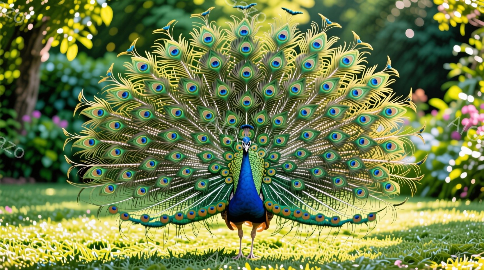 広々とした緑の芝生の上で、雄のクジャクが華麗な尾羽を広げて立っている。鮮やかな青、緑、金色の羽は、まるで万華鏡のように美しく、その鮮やかな色彩は太陽の光を受けて輝いている。背景にはぼやけた緑の植物が見え、穏やかで平和な雰囲気を醸し出している。