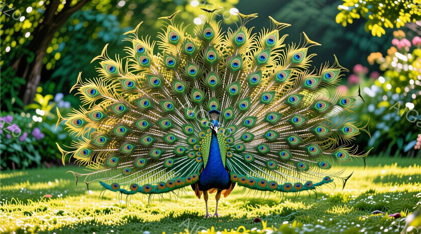 広々とした緑の芝生の上で、雄のクジャクが尾羽を広げ、鮮やかな色彩を誇っています。その姿は堂々としており、背景には緑豊かな木々やカラフルな花々がぼやけて見え、晴れた日の穏やかな雰囲気を醸し出しています。クジャクの青く輝く体と、目を引く尾羽の模様が、自然の美しさを際立たせています。