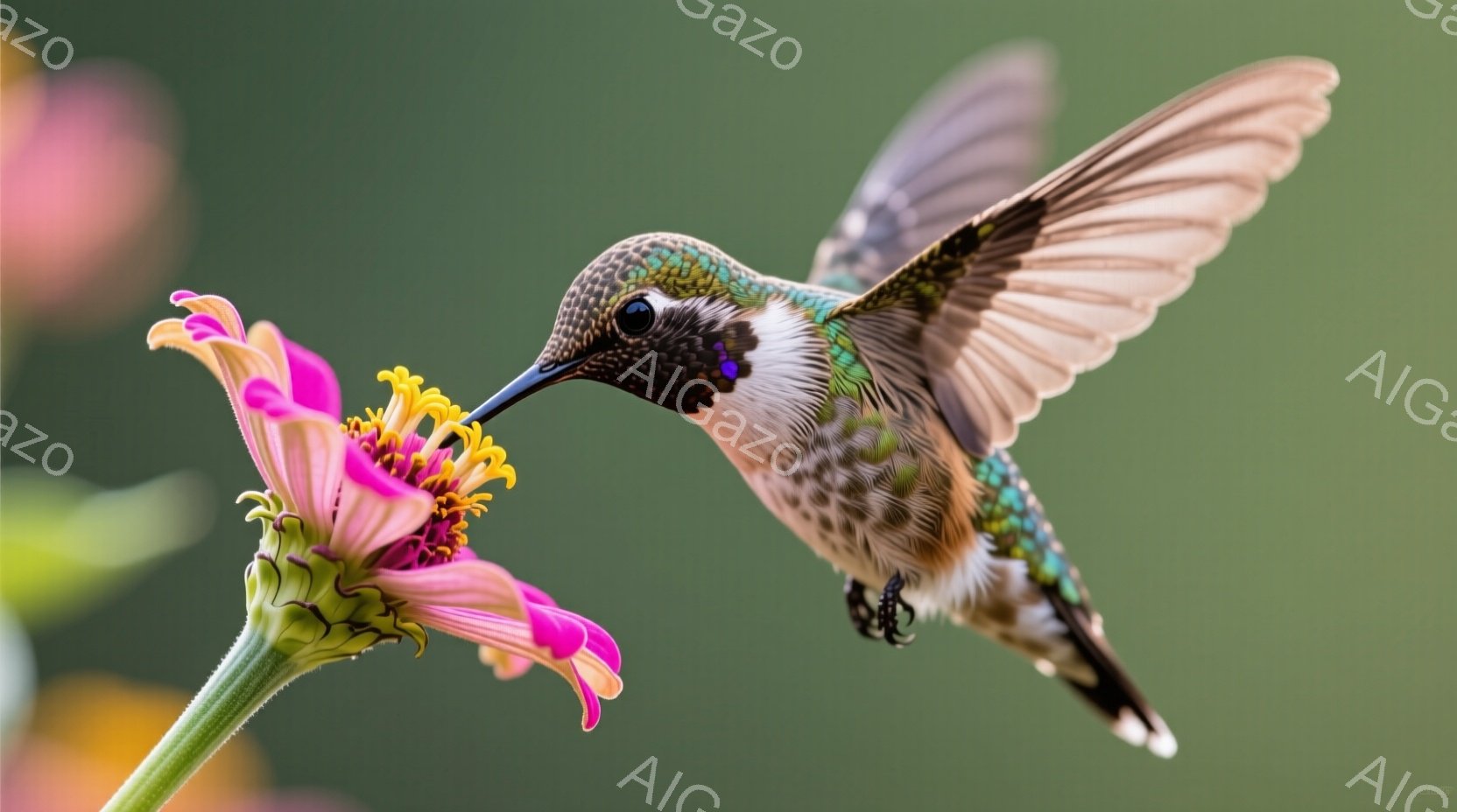 一羽のハチドリが、ピンクと黄色の鮮やかな花から蜜を吸っています。ハチドリの羽は、緑、青、白の美しいグラデーションで、翼はぼやけて動きを捉えています。背景は緑色で、花畑の一部を捉えており、自然の中で活気に満ちた様子が伝わってきます。