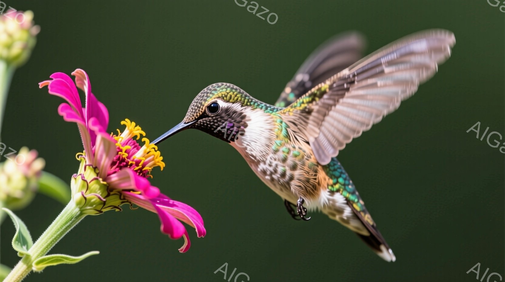 鮮やかなピンク色の花に、小さなハチドリが蜜を求めて近づいている様子が捉えられています。ハチドリは翼を大きく広げ、空中で静止し、その姿は生き生きとしています。背景は緑色で、自然豊かな環境の中にいることがわかります。