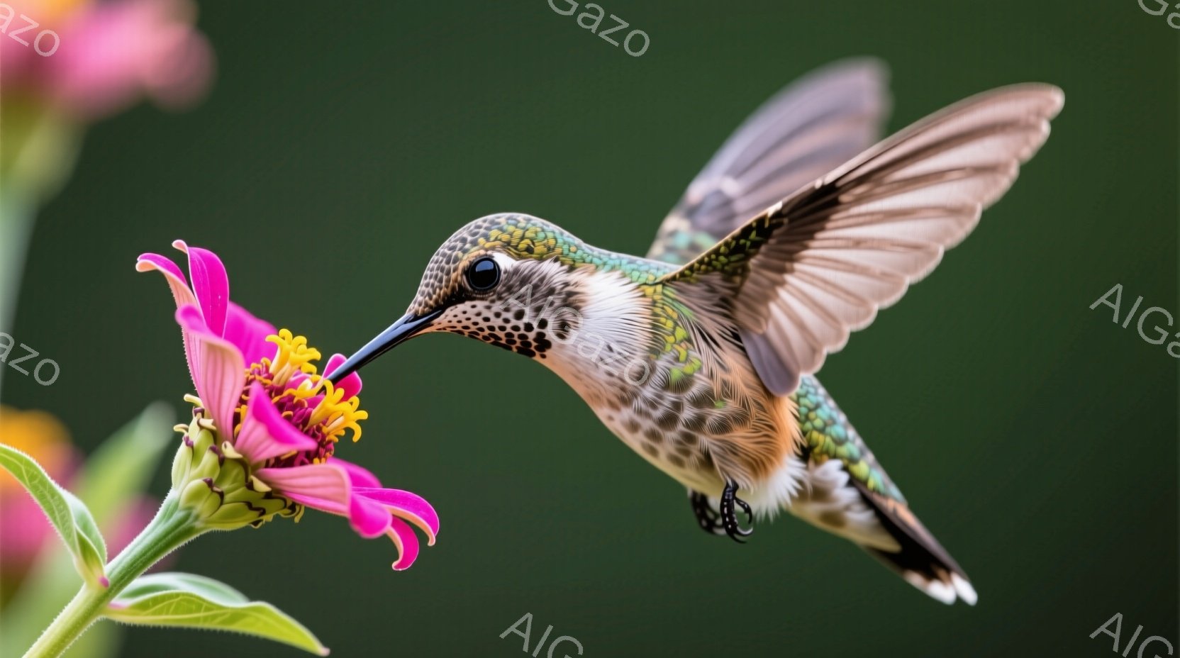 小さなハチドリがピンク色の花に蜜を求めて止まっています。鮮やかな緑色の首と胸、茶色の斑点模様の体が特徴的で、翼はぼやけて動きを捉えています。背景は緑色の葉っぱで、全体的に自然で穏やかな雰囲気が漂います。