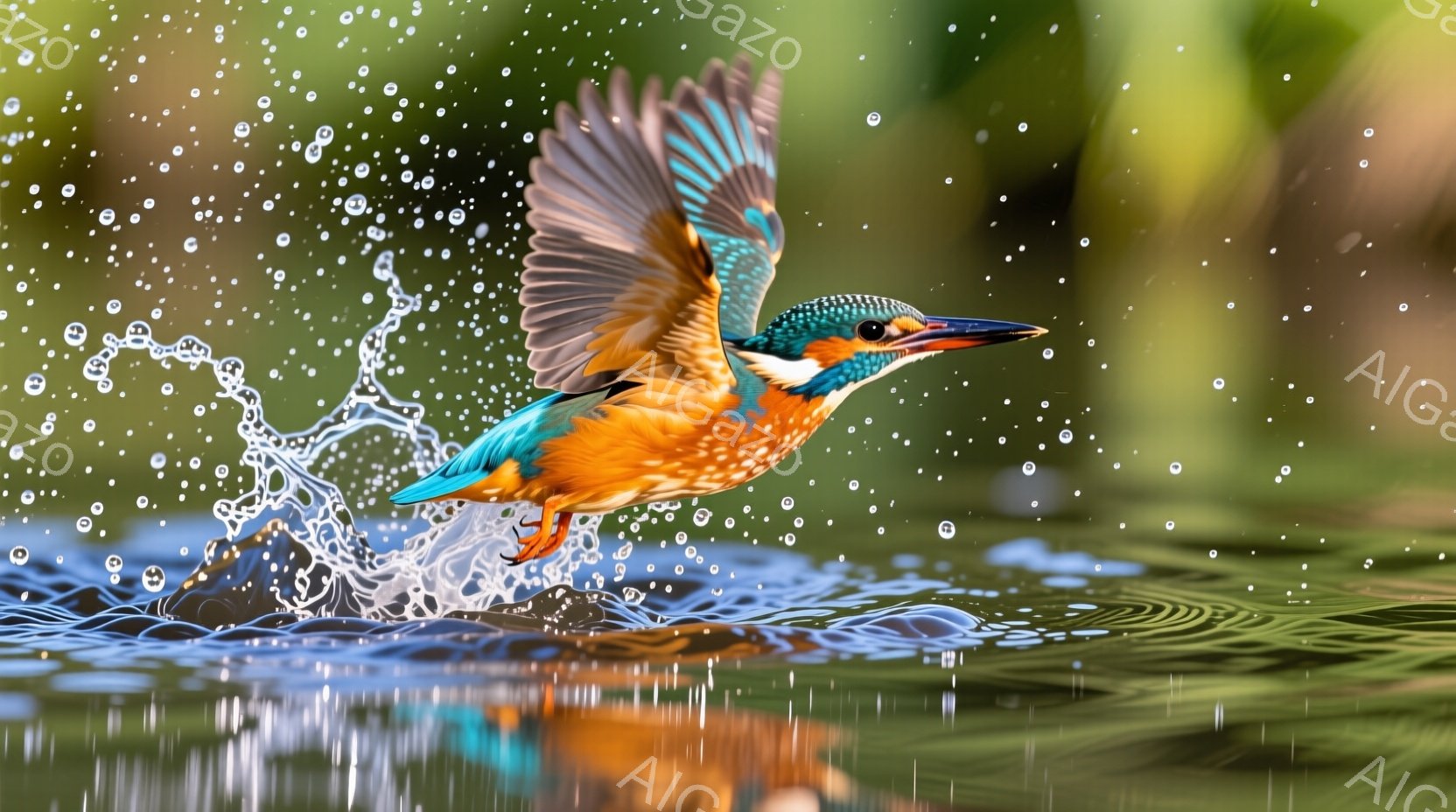 鮮やかな青とオレンジ色のカワセミが、水面から飛び立とうとする瞬間が捉えられています。水しぶきが舞い上がり、カワセミの翼は広げられ、力強く羽ばたこうとしています。背景には、水面に反射した緑豊かな自然があ - AI生成フリー素材