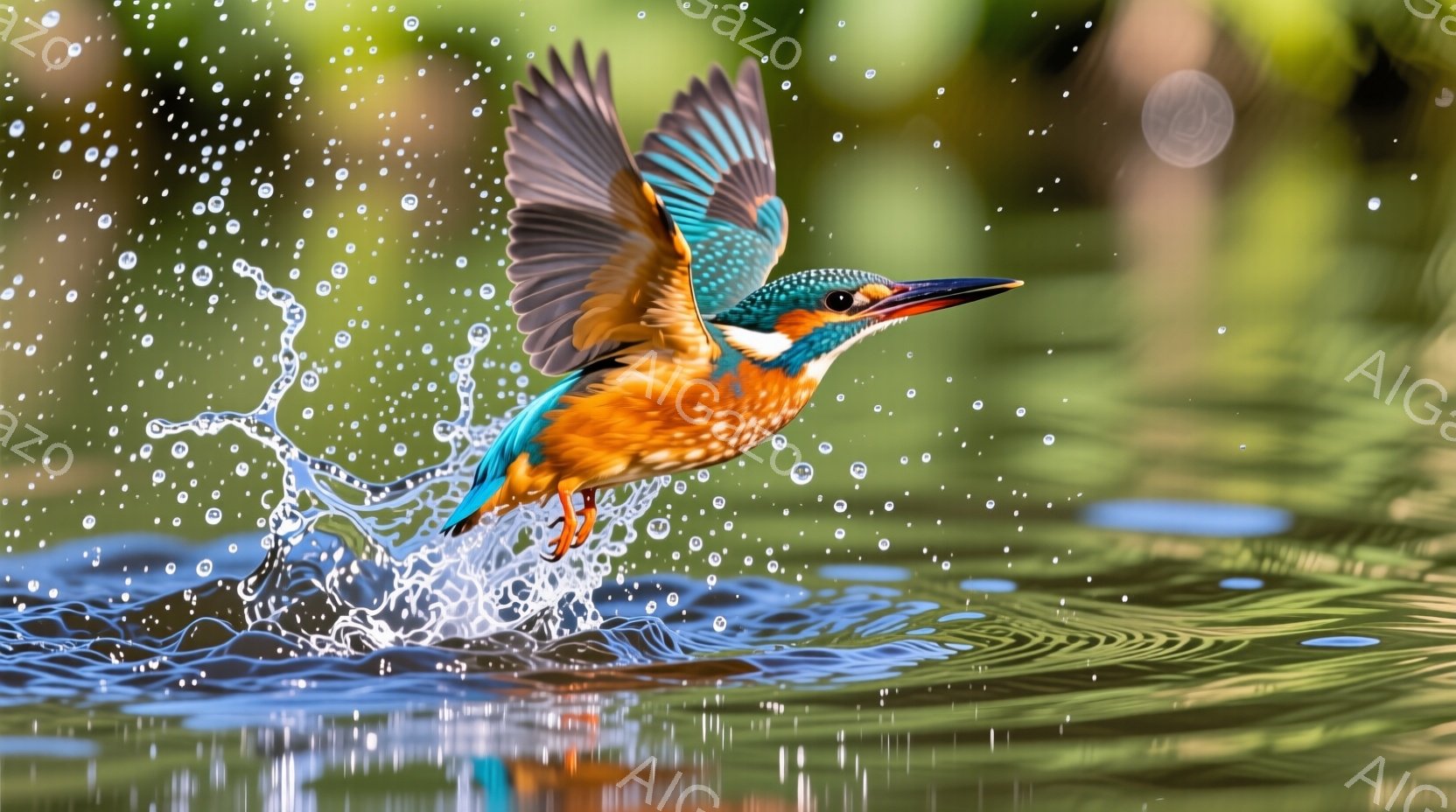 美しいカワセミが水面から飛び立つ瞬間を捉えた写真です。鮮やかなオレンジ、青、ターコイズの羽が印象的で、水しぶきとともに躍動感あふれる姿を見せています。背景は緑豊かな自然で、水面には光の反射が見られ、穏 - AI生成フリー素材