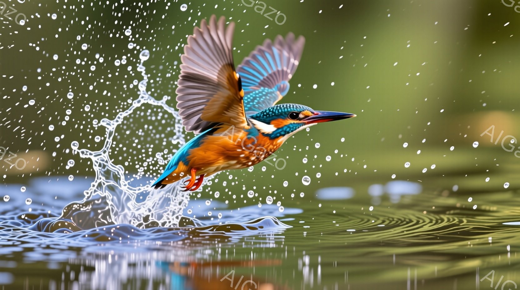 色鮮やかなカワセミが水面から飛び立とうとする瞬間を捉えた写真です。オレンジ色の胸と青い背中が印象的で、翼を大きく広げ、水しぶきが舞い上がっています。背景には穏やかな水面と緑豊かな自然が広がり、ダイナミ - AI生成フリー素材