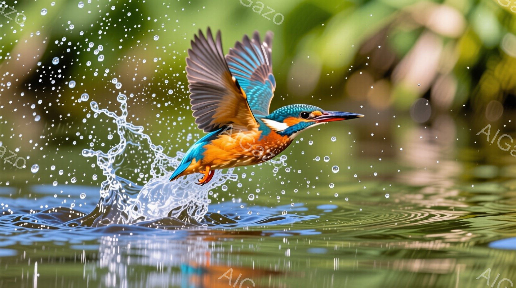 鮮やかな青とオレンジ色のカワセミが水面から飛び立つ瞬間を捉えた写真です。水しぶきが飛び交い、羽を大きく広げた姿は躍動感に満ちています。背景は緑豊かな自然で、水面には光が反射し、穏やかで生命力溢れる雰囲 - AI生成フリー素材