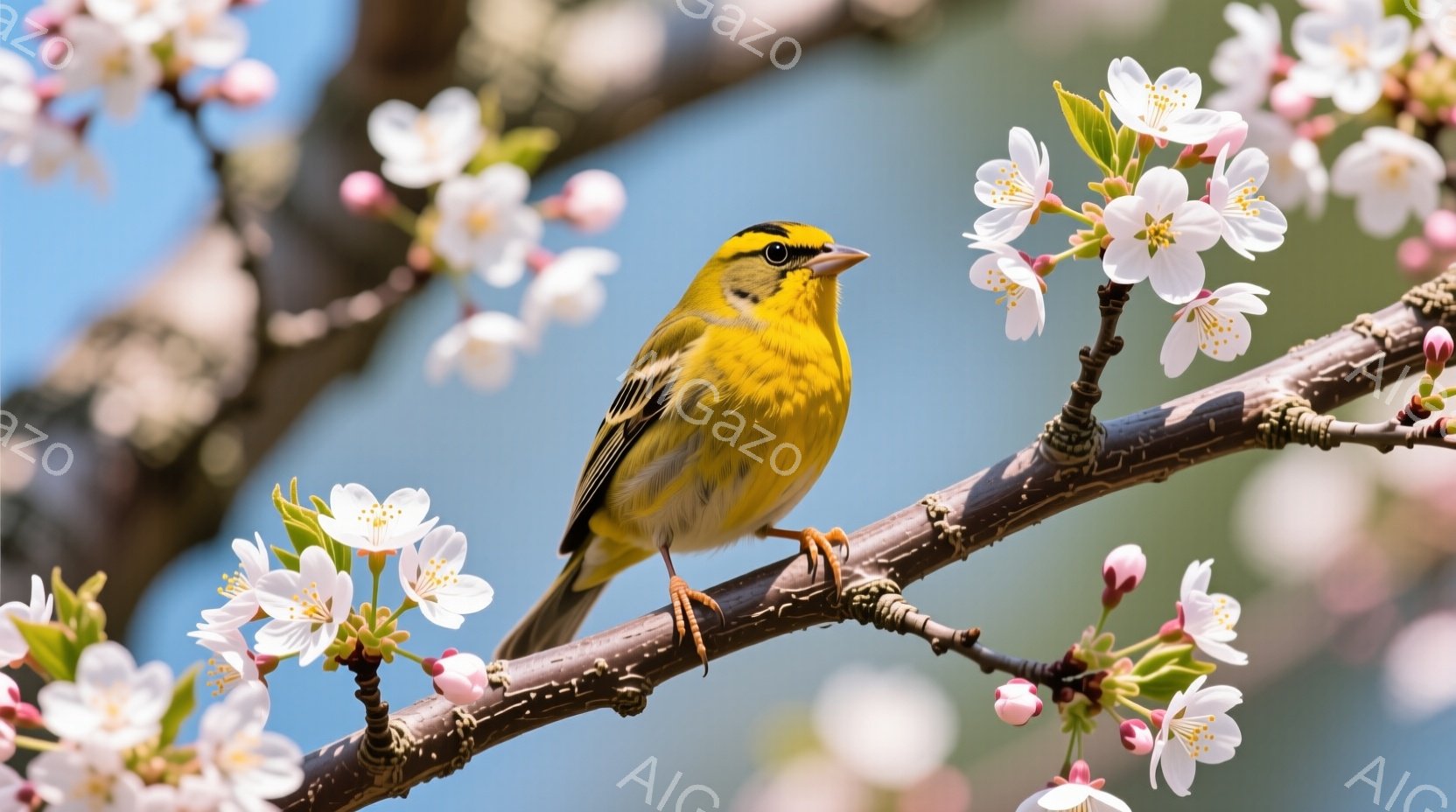 明るい黄色の鳥が、薄ピンク色の桜の花が咲き誇る木の枝に止まっています。鳥は少し右を向き、鋭い眼差しで何かを見つめているようです。背景は澄んだ青空で、春の暖かく穏やかな雰囲気を伝えています。 - AI生成フリー素材