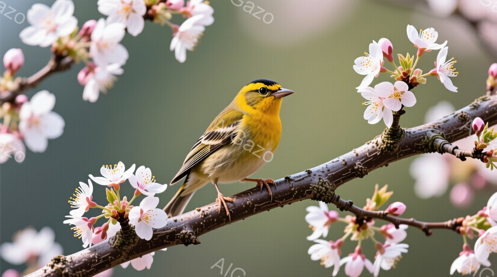 明るい黄色の小鳥が、桜の枝に止まっています。鳥は前を向き、鋭い眼光で何かを見つめているようです。背景には、ぼやけたピンク色の桜の花が咲き誇り、春の穏やかな雰囲気を醸し出しています。 - AI生成フリー素材