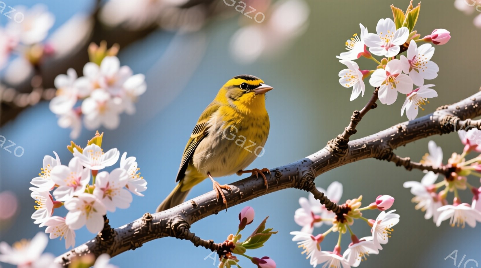 一本の木の枝に、鮮やかな黄色の鳥がとまっています。背景には、淡いピンク色の桜の花が咲き乱れ、春の穏やかな雰囲気を醸し出しています。鳥はまっすぐ前を見ており、背景の桜の花と調和して、美しいコントラストを - AI生成フリー素材