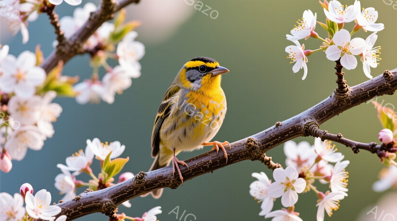 鮮やかな黄色の体と黒い模様を持つ小鳥が、桜の枝に止まっています。小鳥は前を向き、鋭い眼差しで何かを見つめているようです。背景にはぼやけた桜の花が咲き乱れ、春の穏やかな雰囲気を醸し出しています。