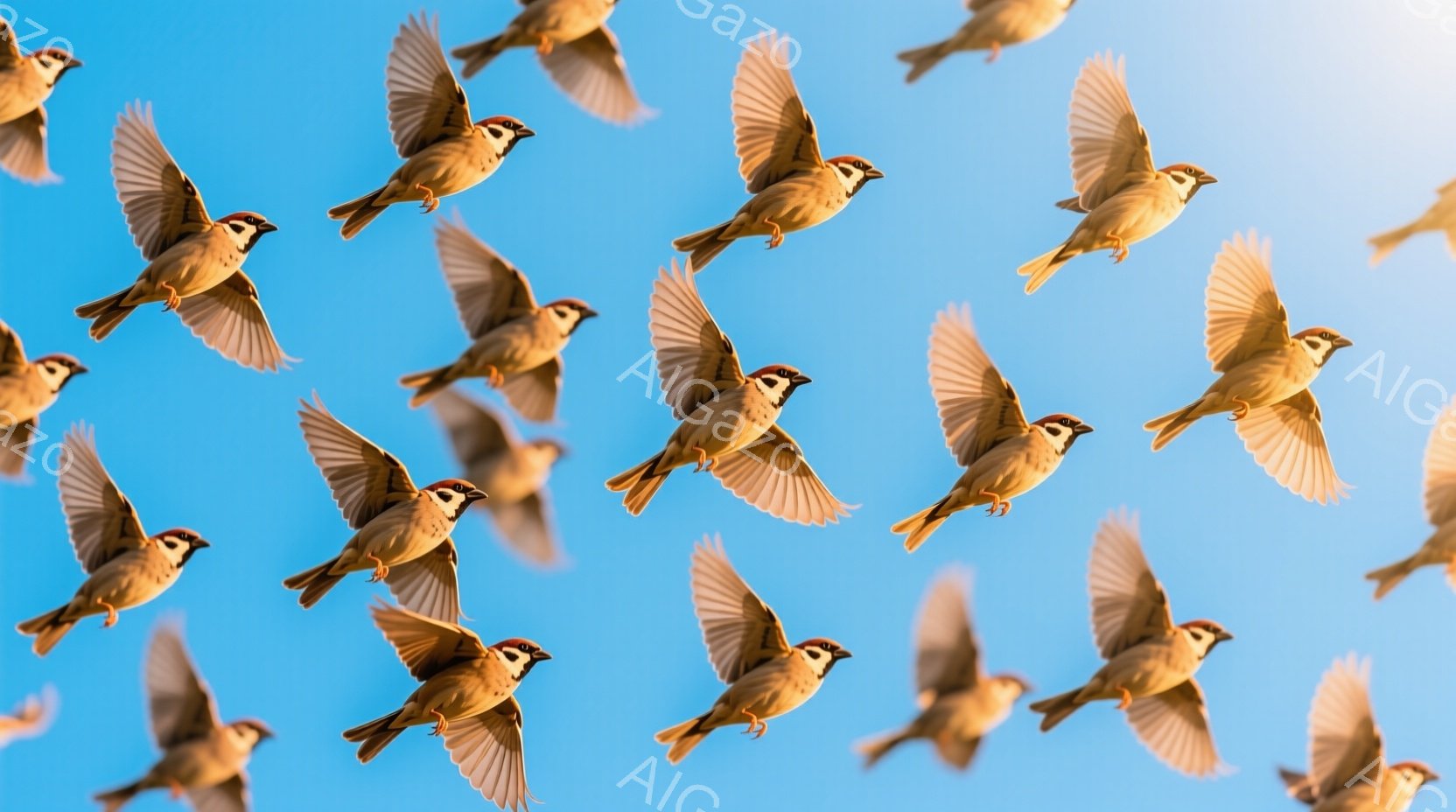 空には無数のスズメが舞い上がっている様子が捉えられています。スズメたちは翼を広げ、軽やかに空を飛び回っており、その動きは生き生きとしています。背景は澄み切った青空で、スズメたちの茶色いシルエットが際立っています。