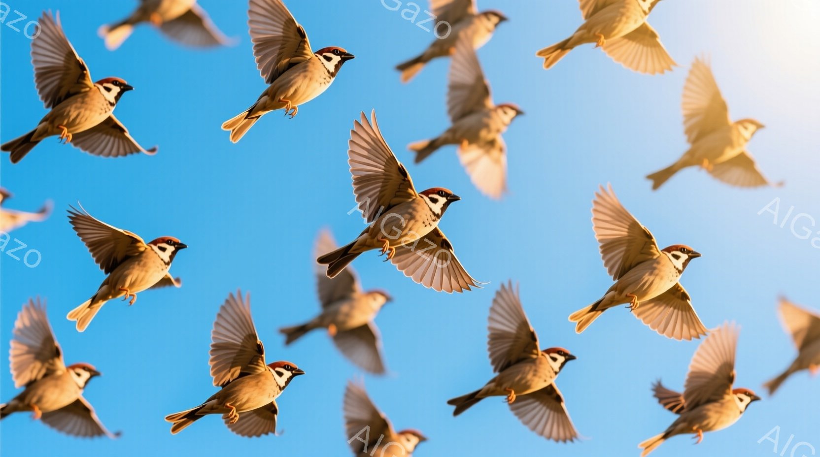 鳥が空を飛んでいるときの集合写真です。鳥たちは互いに接近していながら、全体的に空間に広がって見えます。背景は晴れた青空で、空中の多数の羽ばねが見えるように描かれています。鳥たちの飛行速度や方向性は同じ - AI生成フリー素材