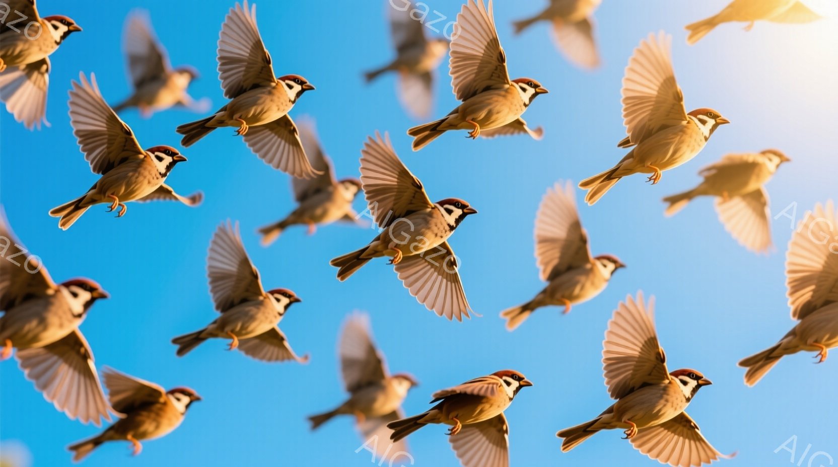 鮮やかな青空を背景に、多くのスズメが飛び交っている様子が写されている。スズメたちは翼を広げ、活発に空を舞っており、その動きは躍動感に満ちている。全体的に明るく、暖かい雰囲気で、自然の生命力と自由を感じ - AI生成フリー素材