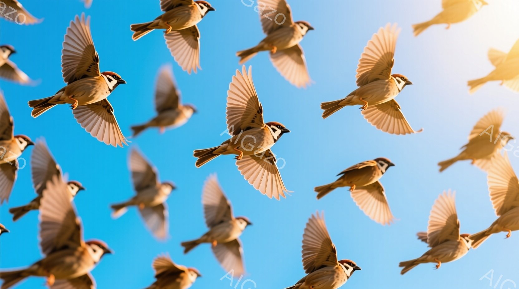 鮮やかな青空を背景に、多数の雀が飛び交う様子が捉えられています。それぞれの雀は翼を広げ、活発に動き回っており、躍動感に満ちた印象を与えます。太陽の光が差し込み、明るく開放的な雰囲気が広がっています。