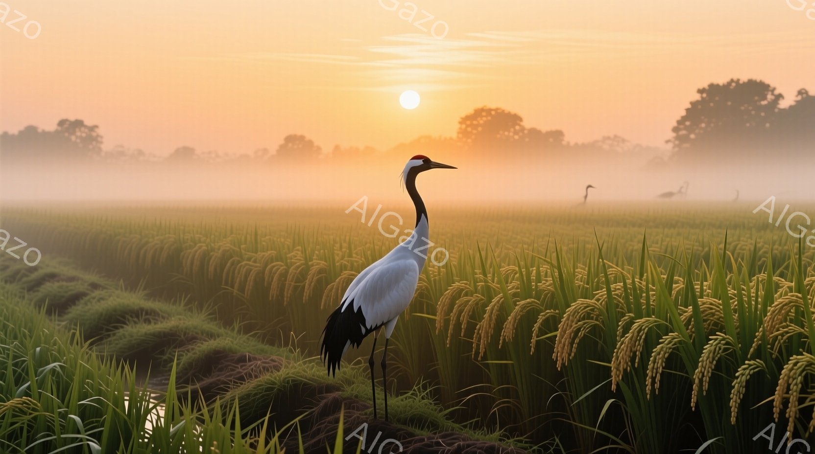 黄金色に輝く夕焼けを背景に、一羽の白い鶴が田んぼの中に立っている。湿った空気と朝露で霞んだ田んぼは黄金色に染まり、遠くには他の鳥がぼんやりと見える。全体的に穏やかで静寂な、自然の美しさを感じる雰囲気で - AI生成フリー素材