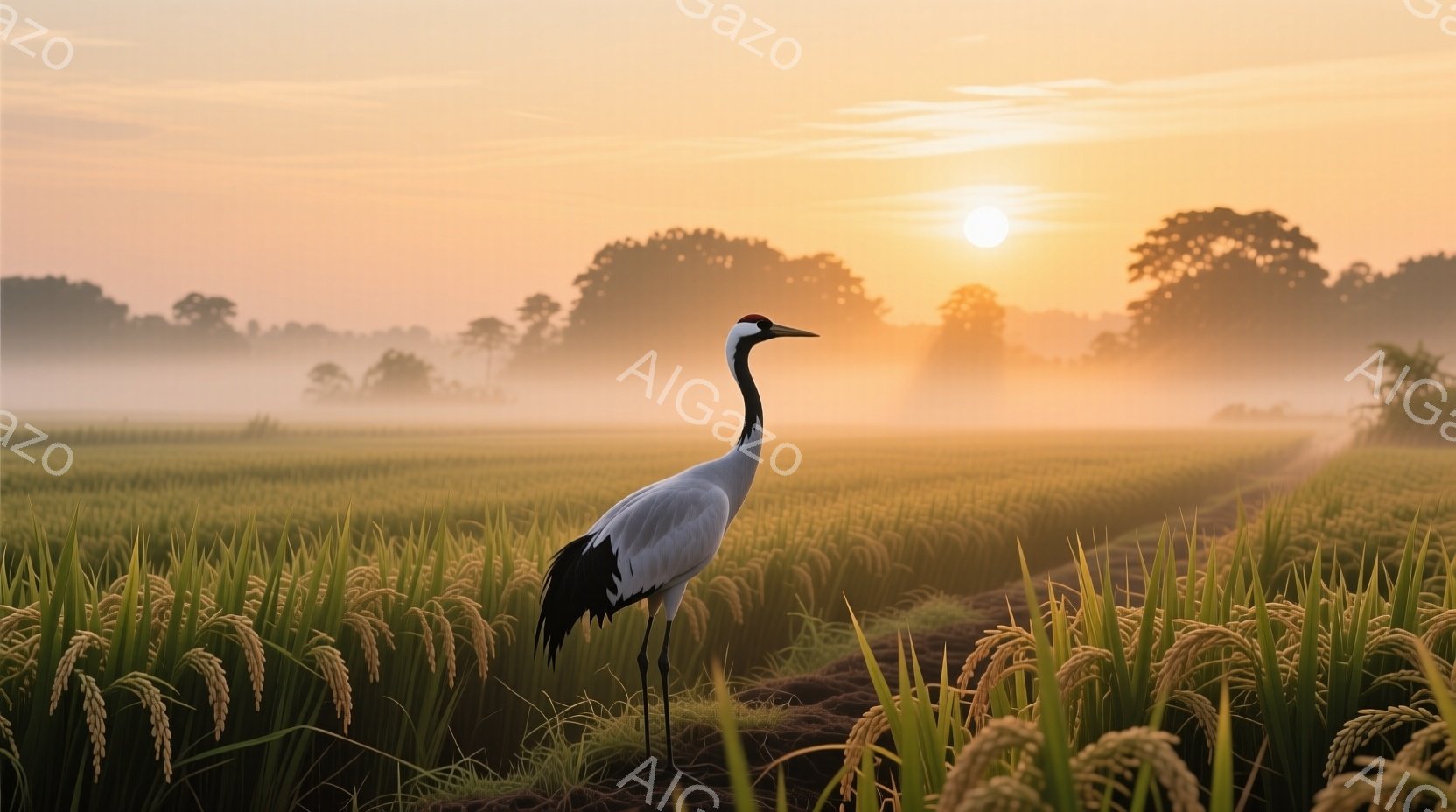 黄金色の稲穂が広がる田園風景の中に、一羽の鶴が優雅に立っている。朝日に照らされた鶴の白い羽は輝き、その長い首と足は、静かに地面に根を張っているように見える。遠景には霧がかかった緑豊かな木々が連なり、穏やかで平和な雰囲気を醸し出している。