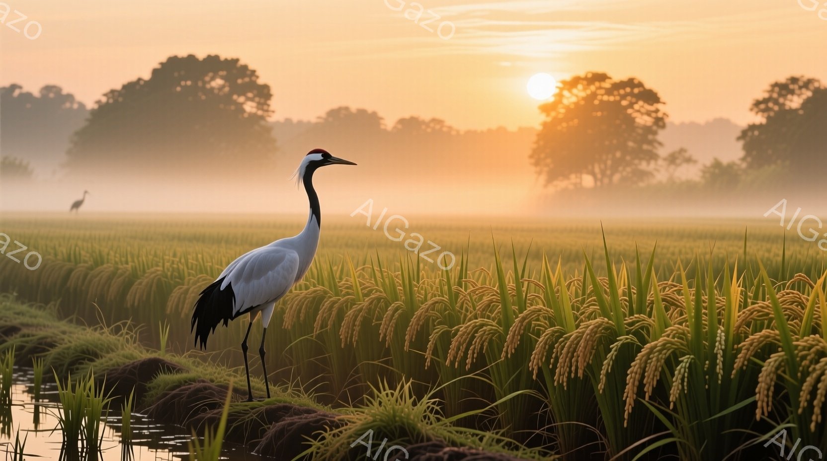 黄金色の稲穂が広がる田園風景の中に、一羽の鶴が凛々と佇んでいます。朝日が霧を通して差し込み、田園全体を暖かく照らし、鶴のシルエットを際立たせています。静かで穏やかな朝の光景が、自然の美しさを表現してい - AI生成フリー素材
