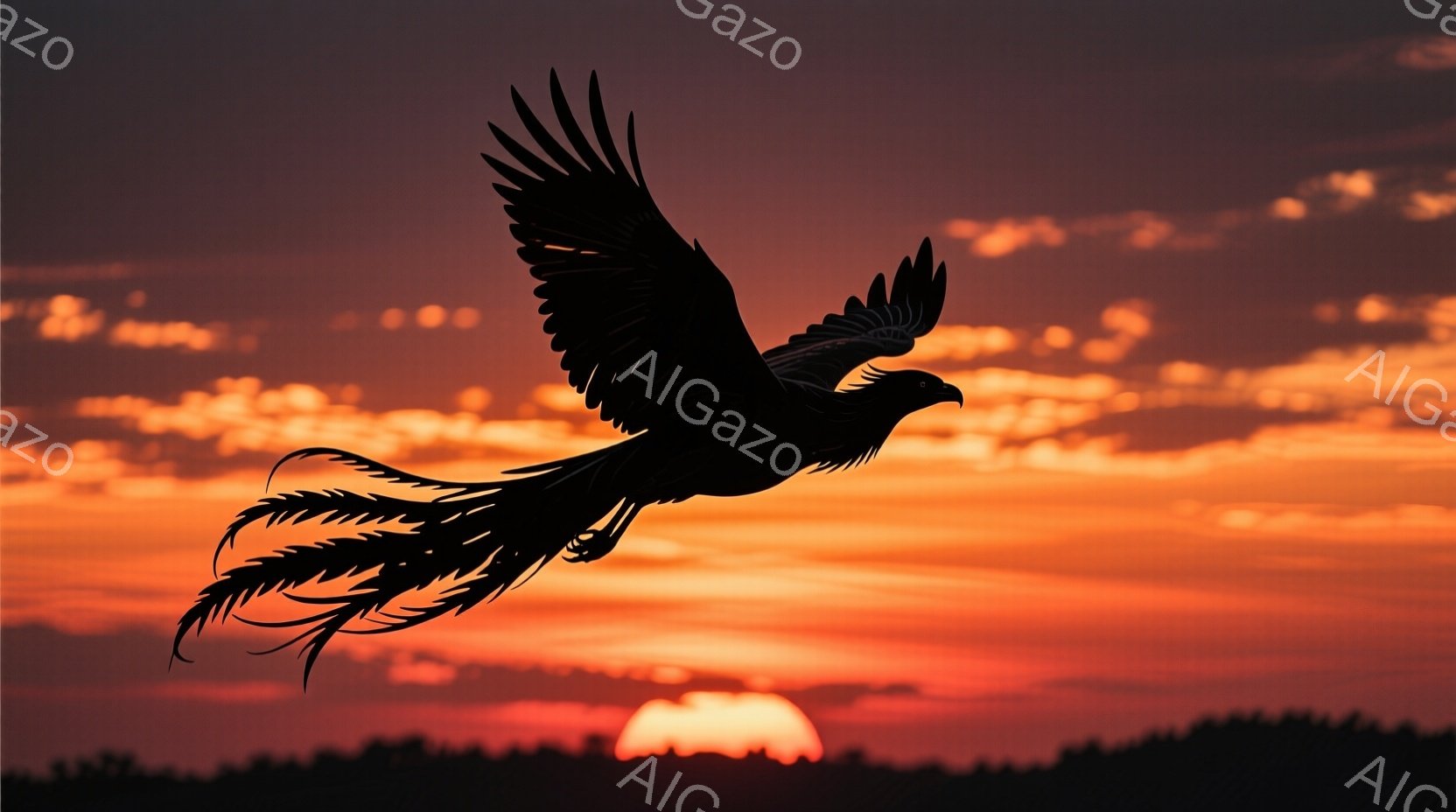 燃えるような夕焼けを背景に、シルエットで描かれた巨大な鳥が翼を広げて飛んでいる。鳥の尾羽は炎のように長く、動きと力強さを表現している。地平線には夕日が沈み、空は赤とオレンジの色合いで染まり、ドラマチッ - AI生成フリー素材
