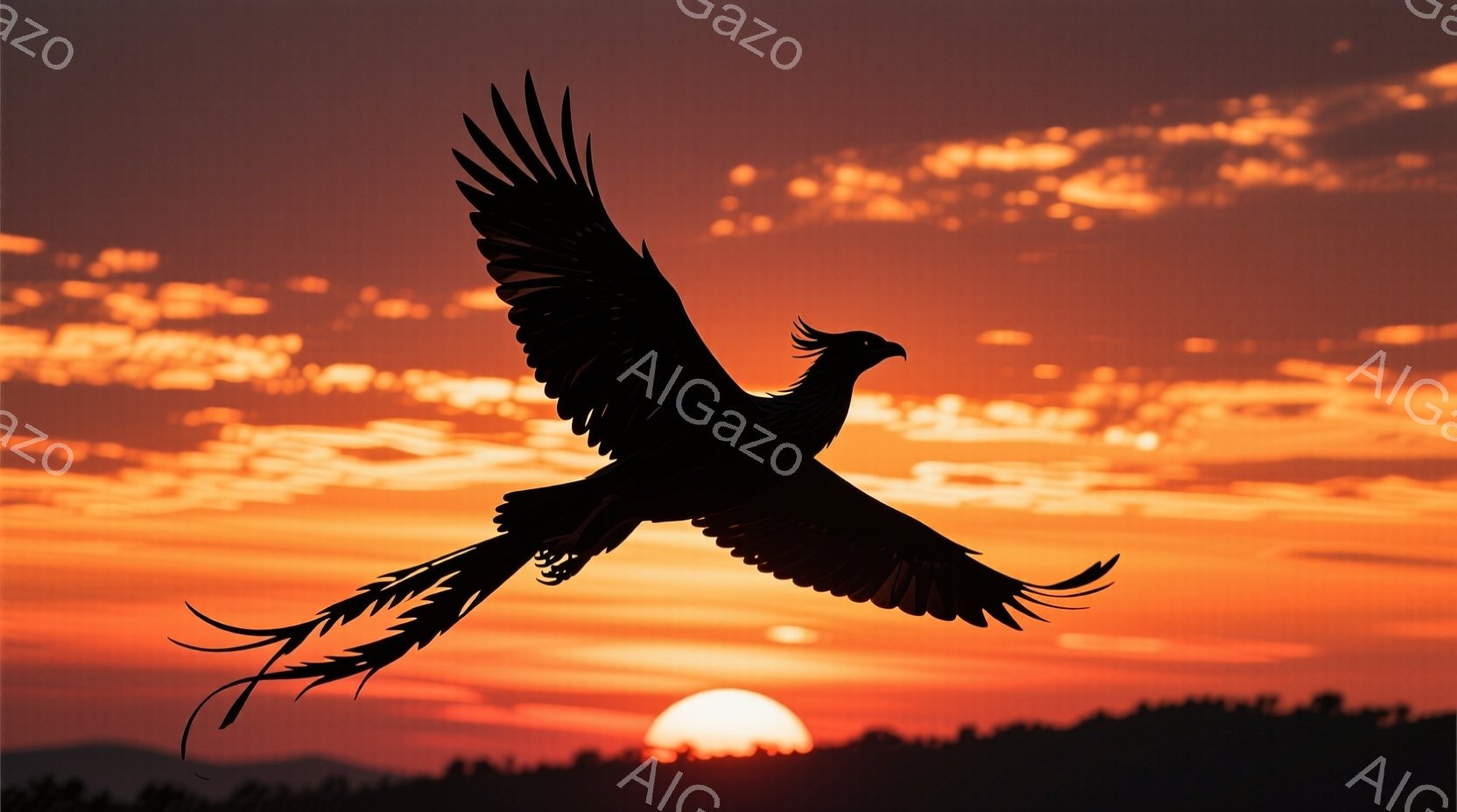 空は燃えるような夕焼けで、オレンジと赤色が混ざり合い、力強い印象を与えている。シルエットで描かれた鳥は翼を広げ、まるで太陽に向かって飛んでいるかのように見える。地平線には山の稜線が見え、全体的に壮大で - AI生成フリー素材
